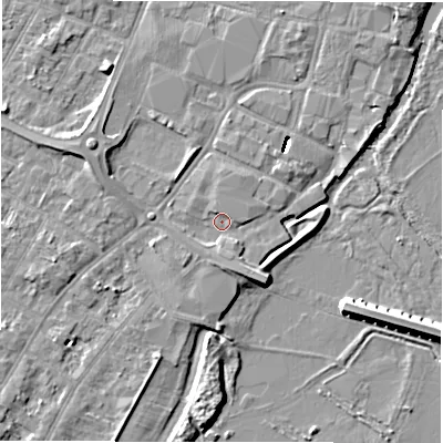Shaded relief map of the ground around DE143RY, computed from Environment Agency LiDAR. The ground here sits at about 46 m above sea level and falls 9 m across the surrounding 800 m. Surface water reaching this point runs off ground lying to the south-east, 2.6 m higher.