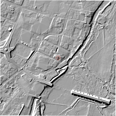Shaded relief map of the ground around DE143RZ, computed from Environment Agency LiDAR. The ground here sits at about 46 m above sea level and falls 9 m across the surrounding 800 m. Surface water reaching this point runs off ground lying to the west, 7.5 m higher.