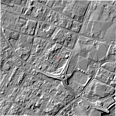 Shaded relief map of the ground around DE143SA, computed from Environment Agency LiDAR. The ground here sits at about 46 m above sea level and falls 8 m across the surrounding 800 m. Surface water reaching this point runs off ground lying to the south, 3.1 m higher.
