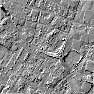 Shaded relief map of the ground around DE143SB, computed from Environment Agency LiDAR. The ground here sits at about 46 m above sea level and falls 6 m across the surrounding 800 m. Surface water reaching this point runs off ground lying to the south-south-east, 0.9 m higher.