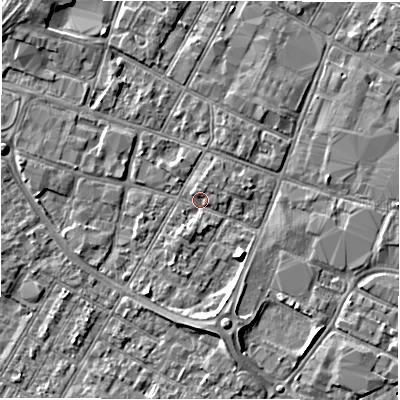 Shaded relief map of the ground around DE143SE, computed from Environment Agency LiDAR. The ground here sits at about 46 m above sea level and falls 4 m across the surrounding 800 m. Surface water reaching this point runs off ground lying to the south, 3.0 m higher.