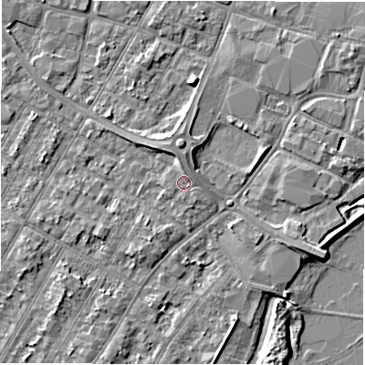 Shaded relief map of the ground around DE143SH, computed from Environment Agency LiDAR. The ground here sits at about 46 m above sea level and falls 8 m across the surrounding 800 m. Surface water reaching this point runs off ground lying to the north, 1.9 m higher.