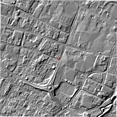 Shaded relief map of the ground around DE143SJ, computed from Environment Agency LiDAR. The ground here sits at about 46 m above sea level and falls 8 m across the surrounding 800 m. Surface water reaching this point runs off ground lying to the south-south-west, 3.3 m higher.