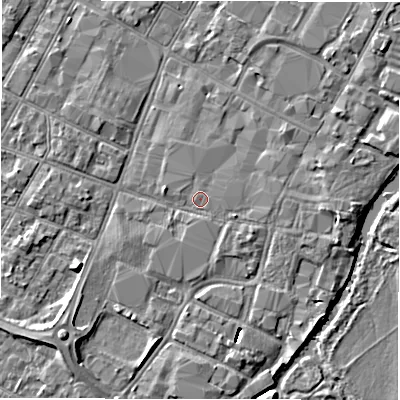 Shaded relief map of the ground around DE143SN, computed from Environment Agency LiDAR. The ground here sits at about 46 m above sea level and falls 8 m across the surrounding 800 m. Surface water reaching this point runs off ground lying to the south-east, 1.3 m higher.