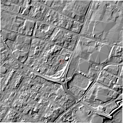 Shaded relief map of the ground around DE143SP, computed from Environment Agency LiDAR. The ground here sits at about 45 m above sea level and falls 8 m across the surrounding 800 m. Surface water reaching this point runs off ground lying to the south, 3.1 m higher.