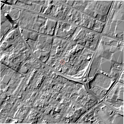 Shaded relief map of the ground around DE143SS, computed from Environment Agency LiDAR. The ground here sits at about 46 m above sea level and falls 6 m across the surrounding 800 m. Surface water reaching this point runs off ground lying to the south-east, 2.7 m higher.