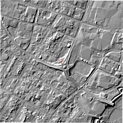 Shaded relief map of the ground around DE143ST, computed from Environment Agency LiDAR. The ground here sits at about 46 m above sea level and falls 8 m across the surrounding 800 m. Surface water reaching this point runs off ground lying to the south, 3.1 m higher.
