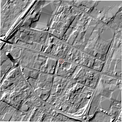 Shaded relief map of the ground around DE143SU, computed from Environment Agency LiDAR. The ground here sits at about 46 m above sea level and falls 7 m across the surrounding 800 m. Surface water reaching this point runs off ground lying to the west, 5.4 m higher.