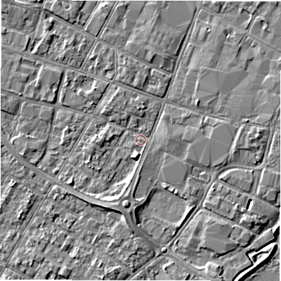 Shaded relief map of the ground around DE143SW, computed from Environment Agency LiDAR. The ground here sits at about 46 m above sea level and falls 8 m across the surrounding 800 m. Surface water reaching this point runs off ground lying to the south-south-west, 3.3 m higher.