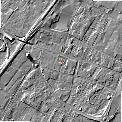 Shaded relief map of the ground around DE143SX, computed from Environment Agency LiDAR. The ground here sits at about 46 m above sea level and falls 8 m across the surrounding 800 m. Surface water reaching this point runs off ground lying to the south-east, 0.8 m higher.