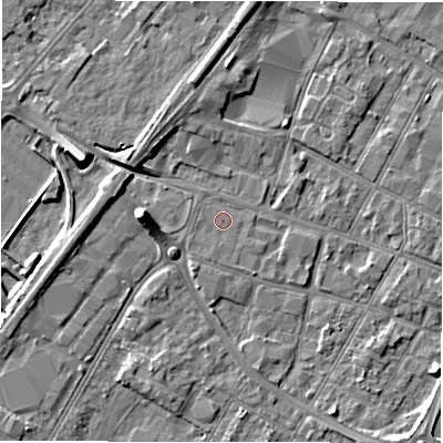 Shaded relief map of the ground around DE143SY, computed from Environment Agency LiDAR. The ground here sits at about 46 m above sea level and falls 8 m across the surrounding 800 m. Surface water reaching this point runs off ground lying to the south-south-west, 0.6 m higher.
