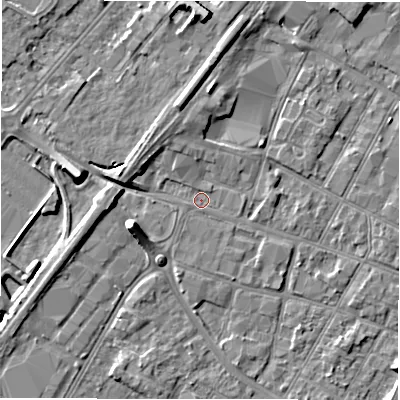 Shaded relief map of the ground around DE143SZ, computed from Environment Agency LiDAR. The ground here sits at about 45 m above sea level and falls 8 m across the surrounding 800 m. Surface water reaching this point runs off ground lying to the west-north-west, 6.9 m higher.