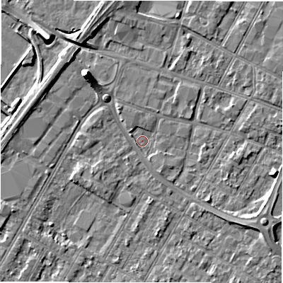 Shaded relief map of the ground around DE143TB, computed from Environment Agency LiDAR. The ground here sits at about 45 m above sea level and falls 8 m across the surrounding 800 m. Surface water reaching this point runs off ground lying to the north-west, 5.4 m higher.