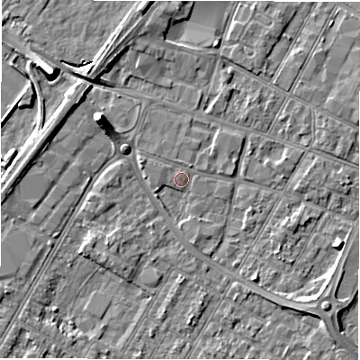 Shaded relief map of the ground around DE143TE, computed from Environment Agency LiDAR. The ground here sits at about 46 m above sea level and falls 7 m across the surrounding 800 m. Surface water reaching this point runs off ground lying to the north-west, 5.4 m higher.