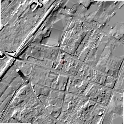 Shaded relief map of the ground around DE143TJ, computed from Environment Agency LiDAR. The ground here sits at about 46 m above sea level and falls 8 m across the surrounding 800 m. Surface water reaching this point runs off ground lying to the south-south-west, 1.5 m higher.