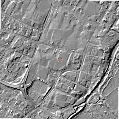 Shaded relief map of the ground around DE143TN, computed from Environment Agency LiDAR. The ground here sits at about 46 m above sea level and falls 8 m across the surrounding 800 m. The ground contributing surface water to this point lies to the north-north-east.