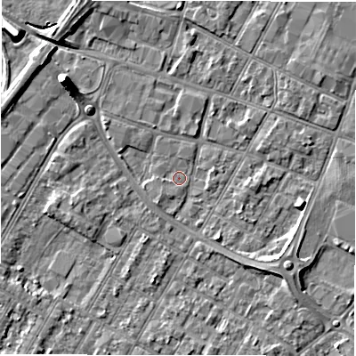 Shaded relief map of the ground around DE143TQ, computed from Environment Agency LiDAR. The ground here sits at about 46 m above sea level and falls 7 m across the surrounding 800 m. Surface water reaching this point runs off ground lying to the north-west, 5.4 m higher.