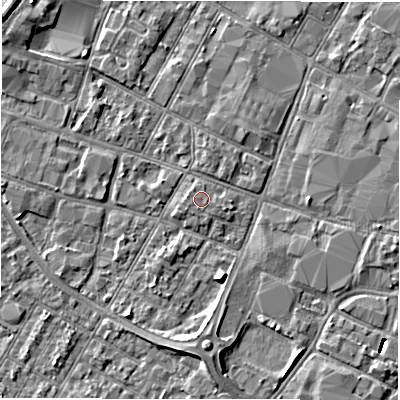 Shaded relief map of the ground around DE143TT, computed from Environment Agency LiDAR. The ground here sits at about 46 m above sea level and falls 8 m across the surrounding 800 m. The ground contributing surface water to this point lies to the north-west.