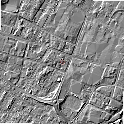 Shaded relief map of the ground around DE143TU, computed from Environment Agency LiDAR. The ground here sits at about 46 m above sea level and falls 8 m across the surrounding 800 m. Surface water reaching this point runs off ground lying to the north-west, 1.1 m higher.