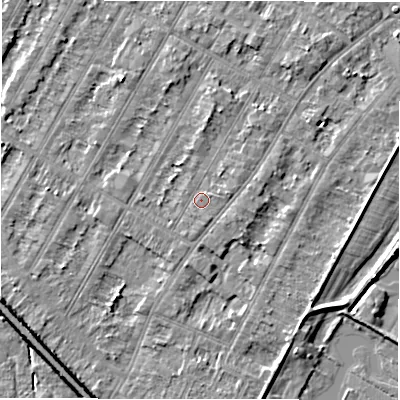 Shaded relief map of the ground around DE143TW, computed from Environment Agency LiDAR. The ground here sits at about 47 m above sea level and falls 7 m across the surrounding 800 m. Surface water reaching this point runs off ground lying to the south-south-east, 0.8 m higher.