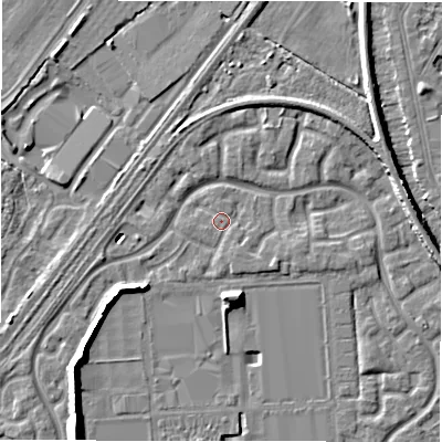 Shaded relief map of the ground around DE143TX, computed from Environment Agency LiDAR. The ground here sits at about 46 m above sea level and falls 10 m across the surrounding 800 m. Surface water reaching this point runs off ground lying to the west-south-west, 0.6 m higher.