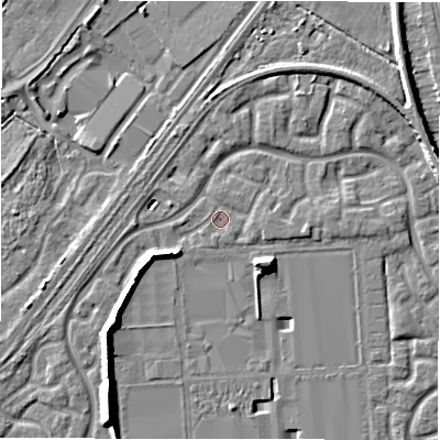 Shaded relief map of the ground around DE143TY, computed from Environment Agency LiDAR. The ground here sits at about 46 m above sea level and falls 10 m across the surrounding 800 m. Surface water reaching this point runs off ground lying to the east, 1.2 m higher.