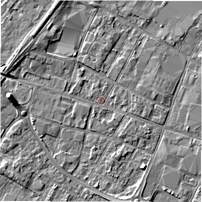 Shaded relief map of the ground around DE143TZ, computed from Environment Agency LiDAR. The ground here sits at about 45 m above sea level and falls 7 m across the surrounding 800 m. Surface water reaching this point runs off ground lying to the south-east, 1.2 m higher.