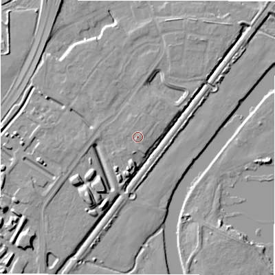 Shaded relief map of the ground around DE143UA, computed from Environment Agency LiDAR. The ground here sits at about 50 m above sea level and falls 10 m across the surrounding 800 m. Surface water reaching this point runs off ground lying to the north-east, 0.5 m higher.