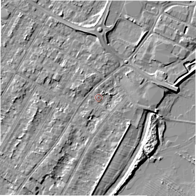 Shaded relief map of the ground around DE143UB, computed from Environment Agency LiDAR. The ground here sits at about 46 m above sea level and falls 8 m across the surrounding 800 m. Surface water reaching this point runs off ground lying to the east-north-east, 3.1 m higher.