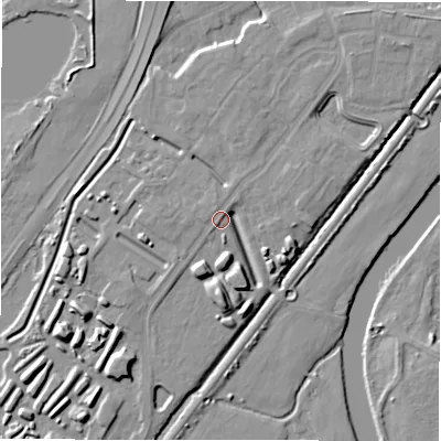 Shaded relief map of the ground around DE143UE, computed from Environment Agency LiDAR. The ground here sits at about 50 m above sea level and falls 10 m across the surrounding 800 m. Surface water reaching this point runs off ground lying to the south, 7.0 m higher.