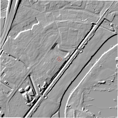 Shaded relief map of the ground around DE143UF, computed from Environment Agency LiDAR. The ground here sits at about 49 m above sea level and falls 10 m across the surrounding 800 m. Surface water reaching this point runs off ground lying to the north-west, 3.2 m higher.