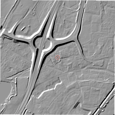 Shaded relief map of the ground around DE143UJ, computed from Environment Agency LiDAR. The ground here sits at about 48 m above sea level and falls 11 m across the surrounding 800 m. Surface water reaching this point runs off ground lying to the south-south-east, 1.6 m higher.