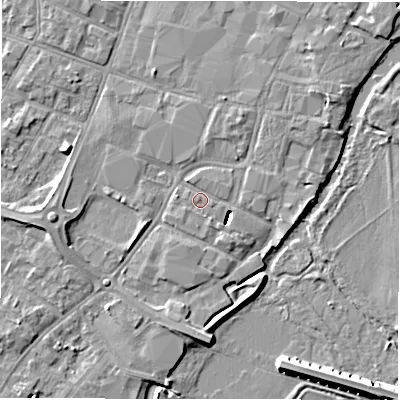 Shaded relief map of the ground around DE143US, computed from Environment Agency LiDAR. The ground here sits at about 46 m above sea level and falls 9 m across the surrounding 800 m. Surface water reaching this point runs off ground lying to the south-east, 5.4 m higher.