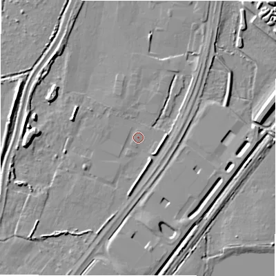 Shaded relief map of the ground around DE143WH, computed from Environment Agency LiDAR. The ground here sits at about 48 m above sea level and falls 7 m across the surrounding 800 m. Surface water reaching this point runs off ground lying to the west, 5.6 m higher.