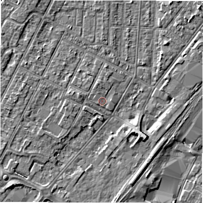 Shaded relief map of the ground around DE149SA, computed from Environment Agency LiDAR. The ground here sits at about 47 m above sea level and falls 6 m across the surrounding 800 m. Surface water reaching this point runs off ground lying to the west-north-west, 1.7 m higher.
