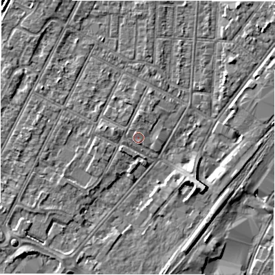Shaded relief map of the ground around DE149SZ, computed from Environment Agency LiDAR. The ground here sits at about 47 m above sea level and falls 6 m across the surrounding 800 m. Surface water reaching this point runs off ground lying to the west-north-west, 1.6 m higher.
