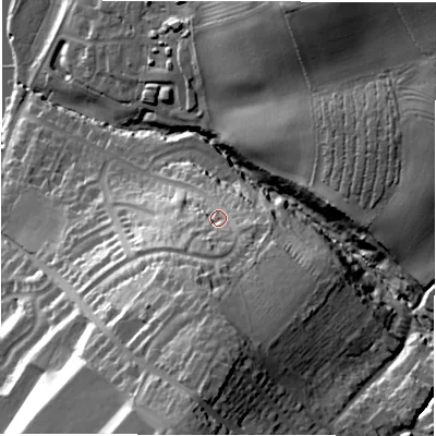 Shaded relief map of the ground around DE150AD, computed from Environment Agency LiDAR. The ground here sits at about 63 m above sea level and falls 47 m across the surrounding 800 m. Surface water reaching this point runs off ground lying to the south, 22.1 m higher.