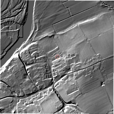 Shaded relief map of the ground around DE150RZ, computed from Environment Agency LiDAR. The ground here sits at about 49 m above sea level and falls 29 m across the surrounding 800 m. Surface water reaching this point runs off ground lying to the south-east, 6.1 m higher.