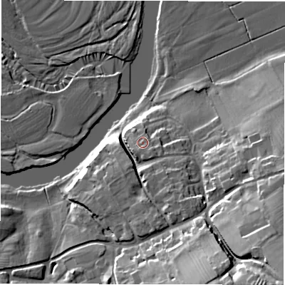 Shaded relief map of the ground around DE150SE, computed from Environment Agency LiDAR. The ground here sits at about 50 m above sea level and falls 28 m across the surrounding 800 m. Surface water reaching this point runs off ground lying to the south-east, 1.9 m higher.