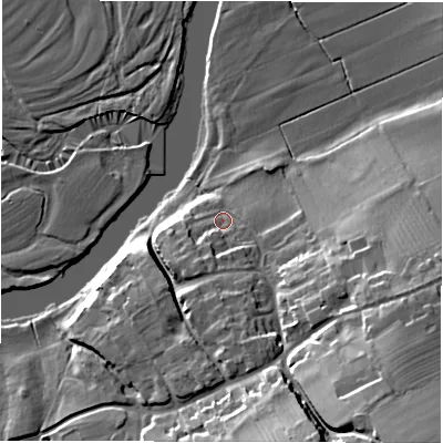 Shaded relief map of the ground around DE150SL, computed from Environment Agency LiDAR. The ground here sits at about 47 m above sea level and falls 26 m across the surrounding 800 m. Surface water reaching this point runs off ground lying to the south-east, 20.8 m higher.