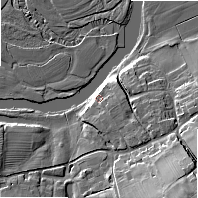 Shaded relief map of the ground around DE150SR, computed from Environment Agency LiDAR. The ground here sits at about 49 m above sea level and falls 29 m across the surrounding 800 m. Surface water reaching this point runs off ground lying to the east-south-east, 8.8 m higher.