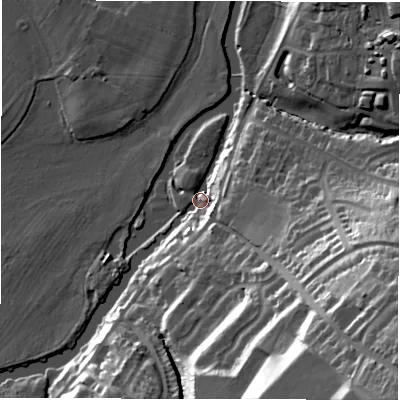 Shaded relief map of the ground around DE150TP, computed from Environment Agency LiDAR. The ground here sits at about 45 m above sea level and falls 45 m across the surrounding 800 m. Surface water reaching this point runs off ground lying to the east-south-east, 40.1 m higher.