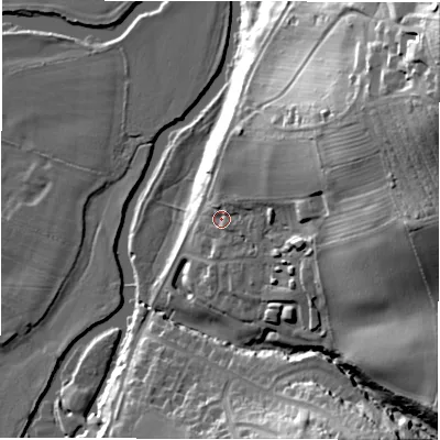 Shaded relief map of the ground around DE150TQ, computed from Environment Agency LiDAR. The ground here sits at about 51 m above sea level and falls 51 m across the surrounding 800 m. Surface water reaching this point runs off ground lying to the east-north-east, 6.4 m higher.
