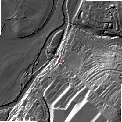Shaded relief map of the ground around DE150TR, computed from Environment Agency LiDAR. The ground here sits at about 51 m above sea level and falls 47 m across the surrounding 800 m. Surface water reaching this point runs off ground lying to the south-east, 38.2 m higher.