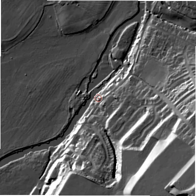 Shaded relief map of the ground around DE150TT, computed from Environment Agency LiDAR. The ground here sits at about 46 m above sea level and falls 48 m across the surrounding 800 m. Surface water reaching this point runs off ground lying to the south-east, 41.8 m higher.
