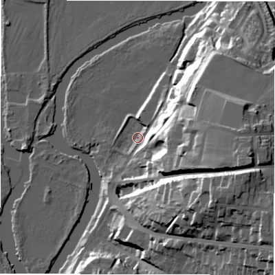 Shaded relief map of the ground around DE150TX, computed from Environment Agency LiDAR. The ground here sits at about 45 m above sea level and falls 38 m across the surrounding 800 m. Surface water reaching this point runs off ground lying to the east-south-east, 35.8 m higher.