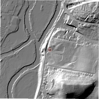 Shaded relief map of the ground around DE159AE, computed from Environment Agency LiDAR. The ground here sits at about 57 m above sea level and falls 59 m across the surrounding 800 m. Surface water reaching this point runs off ground lying to the south-south-east, 49.3 m higher.