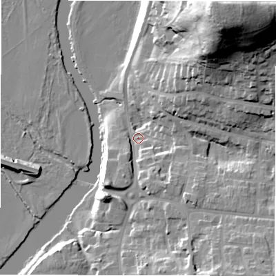Shaded relief map of the ground around DE159AF, computed from Environment Agency LiDAR. The ground here sits at about 51 m above sea level and falls 59 m across the surrounding 800 m. Surface water reaching this point runs off ground lying to the north-east, 55.7 m higher.