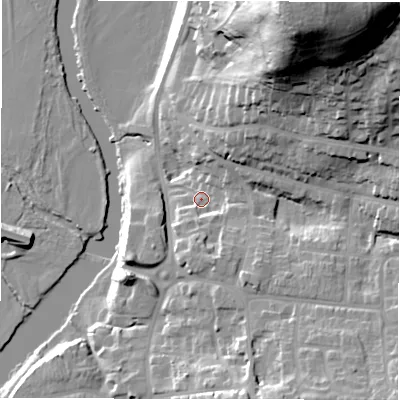 Shaded relief map of the ground around DE159AH, computed from Environment Agency LiDAR. The ground here sits at about 52 m above sea level and falls 59 m across the surrounding 800 m. Surface water reaching this point runs off ground lying to the north-north-east, 51.1 m higher.