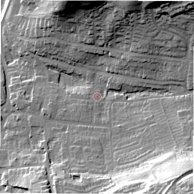 Shaded relief map of the ground around DE159DL, computed from Environment Agency LiDAR. The ground here sits at about 58 m above sea level and falls 63 m across the surrounding 800 m. Surface water reaching this point runs off ground lying to the south-south-east, 4.2 m higher.